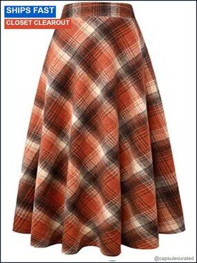 High Waisted Plaid A-Line Midi Skirt with Pockets Elastic Waist